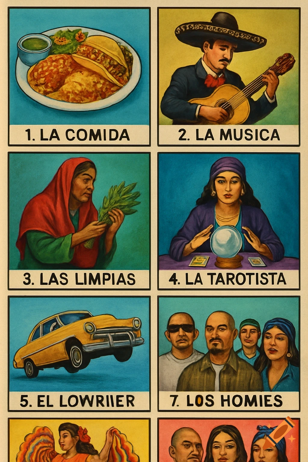 in the style of Loteria cards with panels showing food, a musician, a fortune teller, lowrider car, and people.