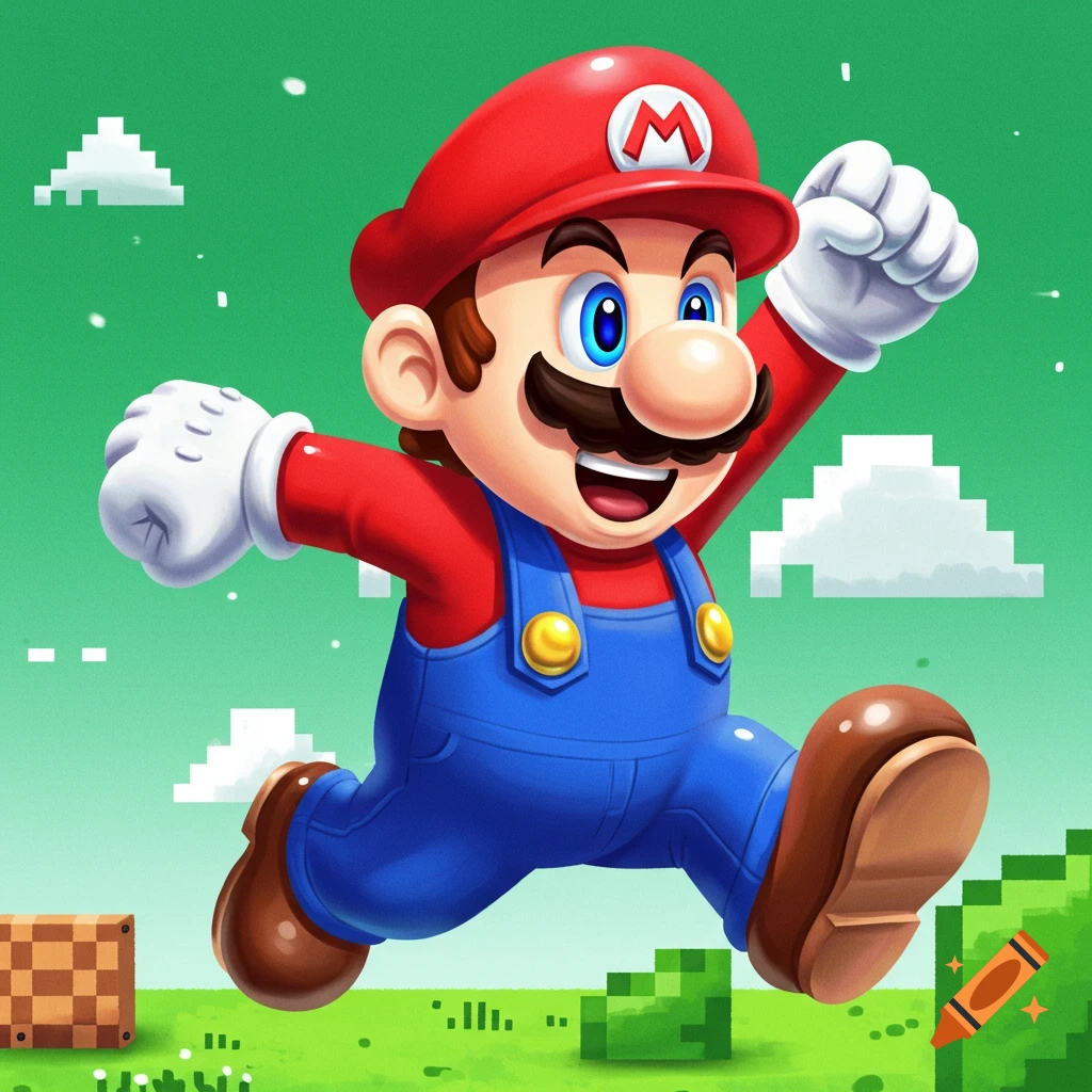 Mario jumps over pixelated blocks in a video game style illustration.