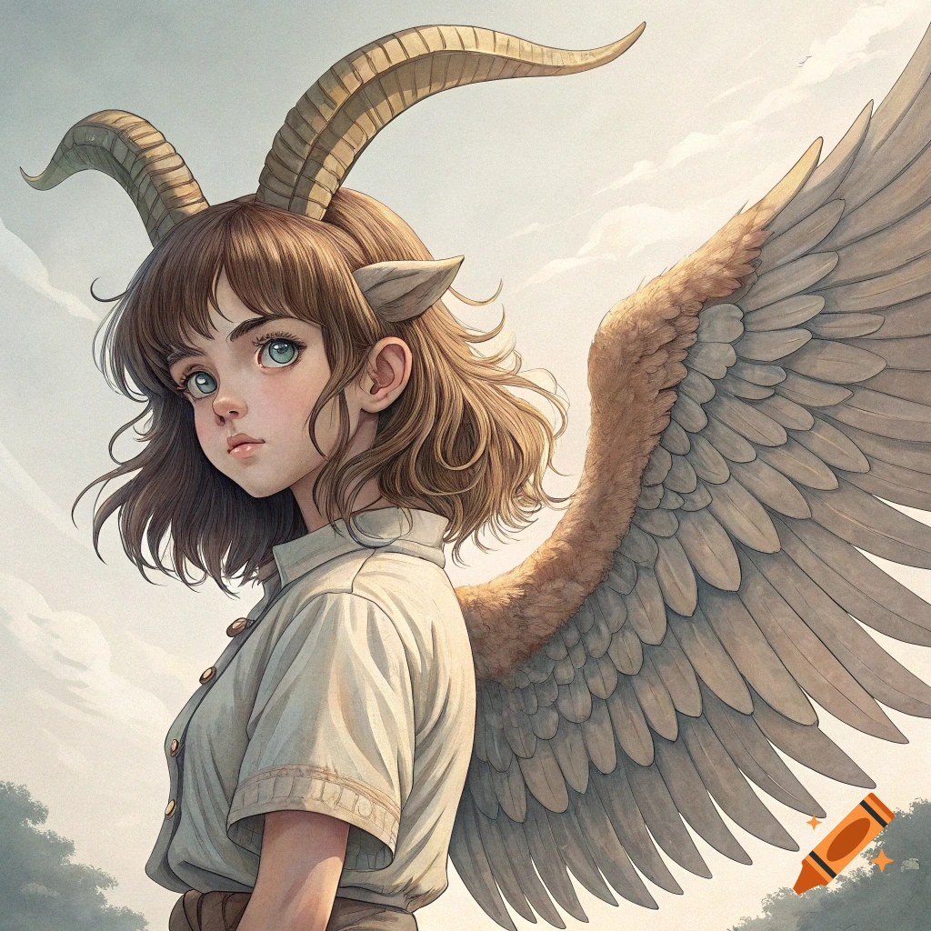 Anime style girl with goat horns and ears, and large wings on her back, looking to the side.