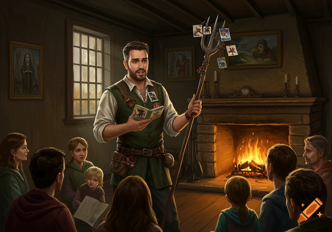 A storyteller with a pitchfork staff telling stories to an audience around a fireplace.