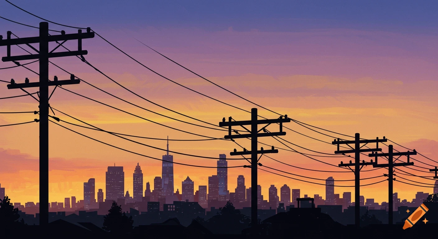 Silhouette of power lines and a city skyline against a gradient purple and orange sunset sky.