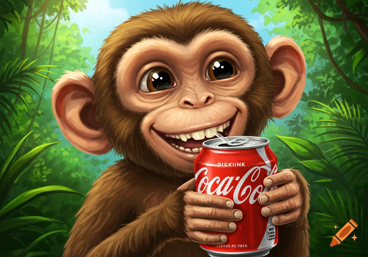 A smiling cartoon monkey in a jungle holds a red soda can.