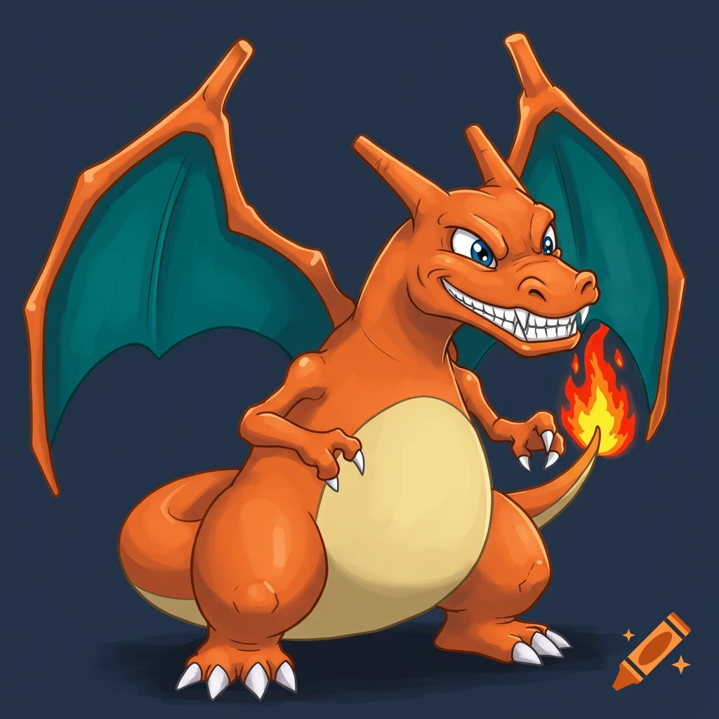 Charizard with a wide grin, standing with wings spread and tail flame.