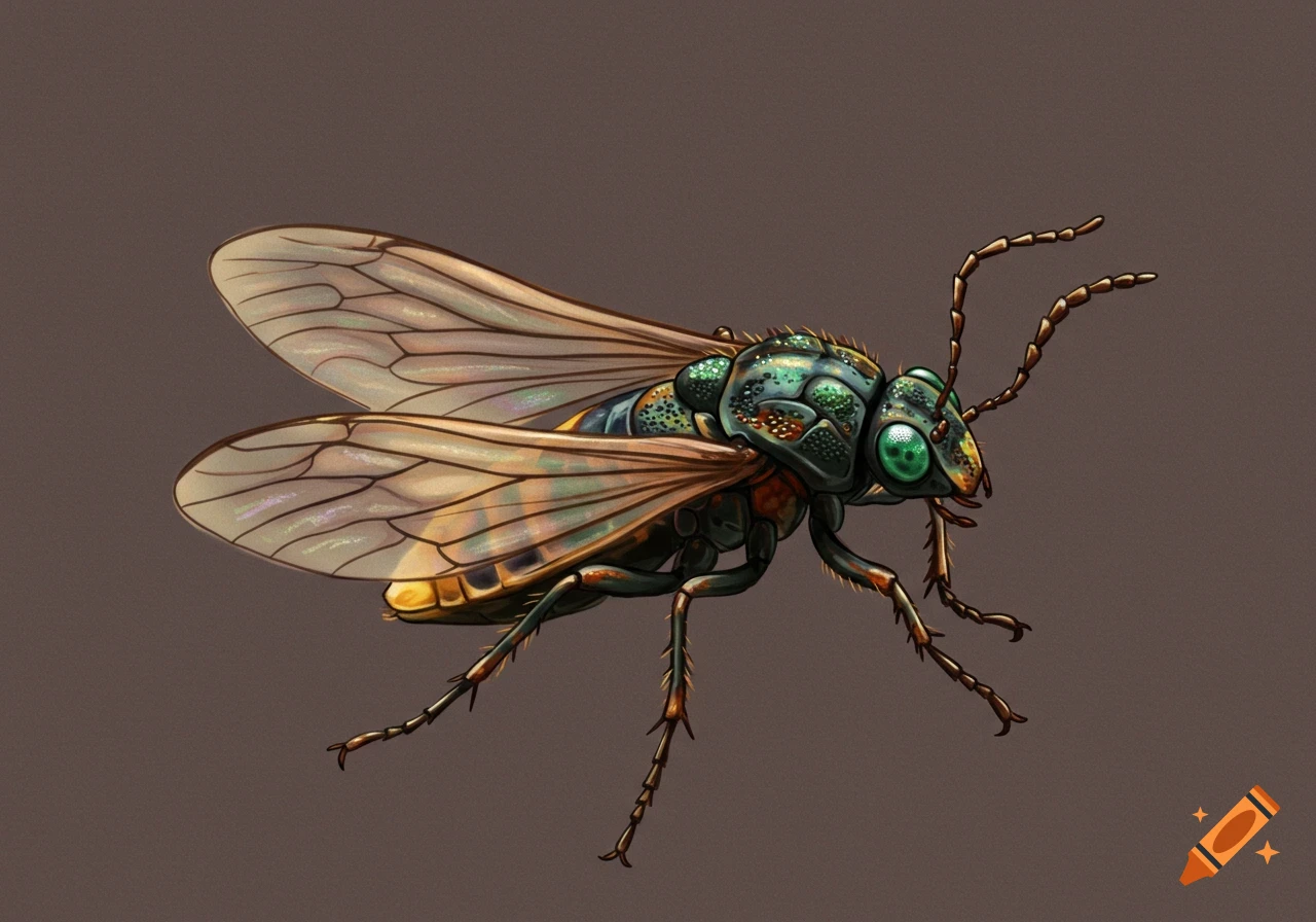 A fantastical insect with green eyes and iridescent wings.
