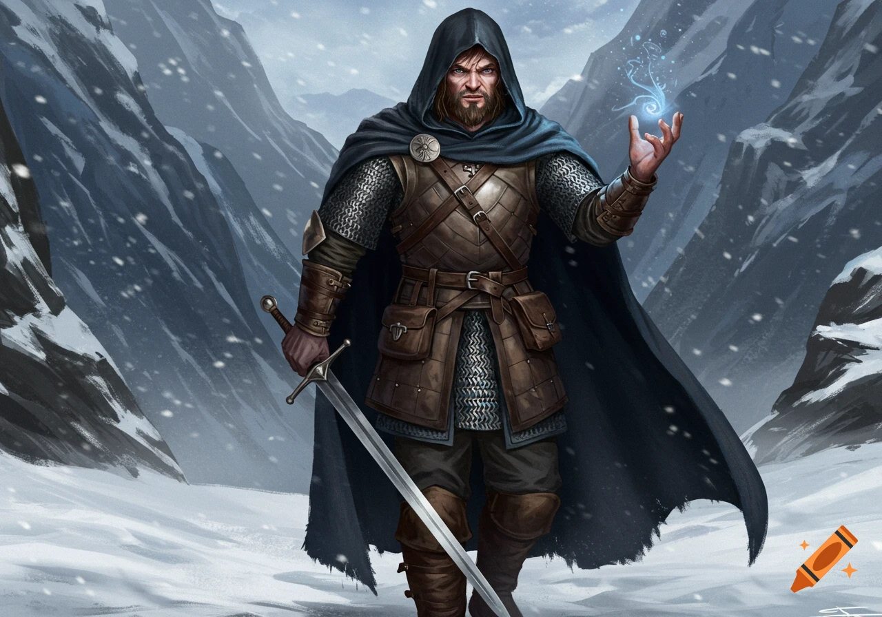 A warrior in chainmail and cloak, casting a spell and holding a sword in a snowy mountain pass.