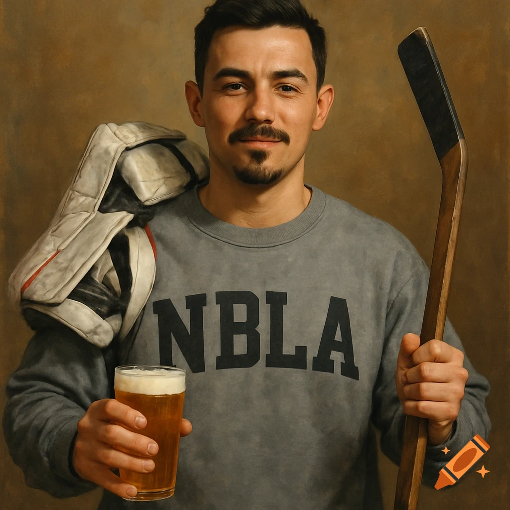 A man in a gray NBLA sweatshirt is holding hockey gear and a beer.