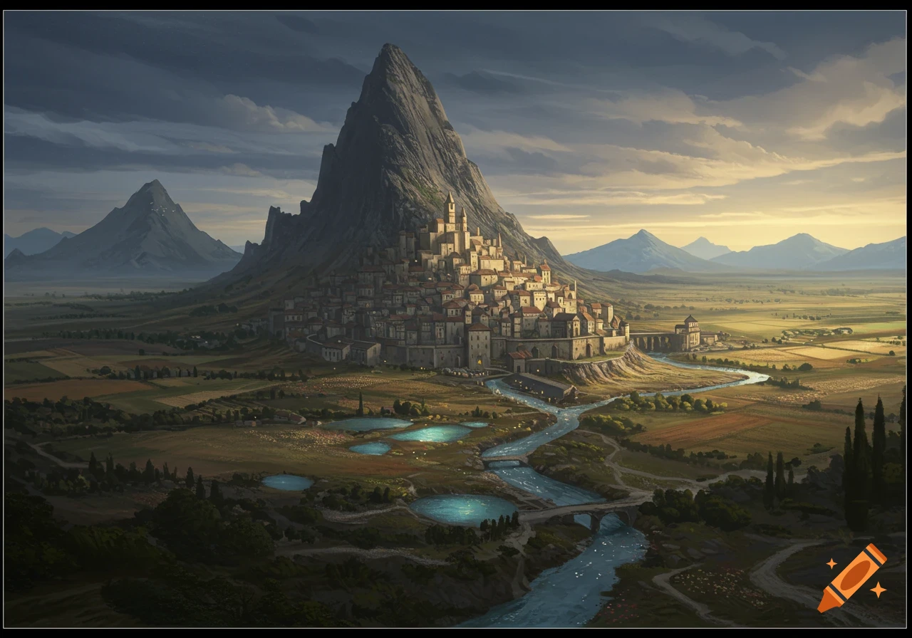A medieval city built on a solitary mountain, surrounded by plains, farmland, a river, and distant mountains.