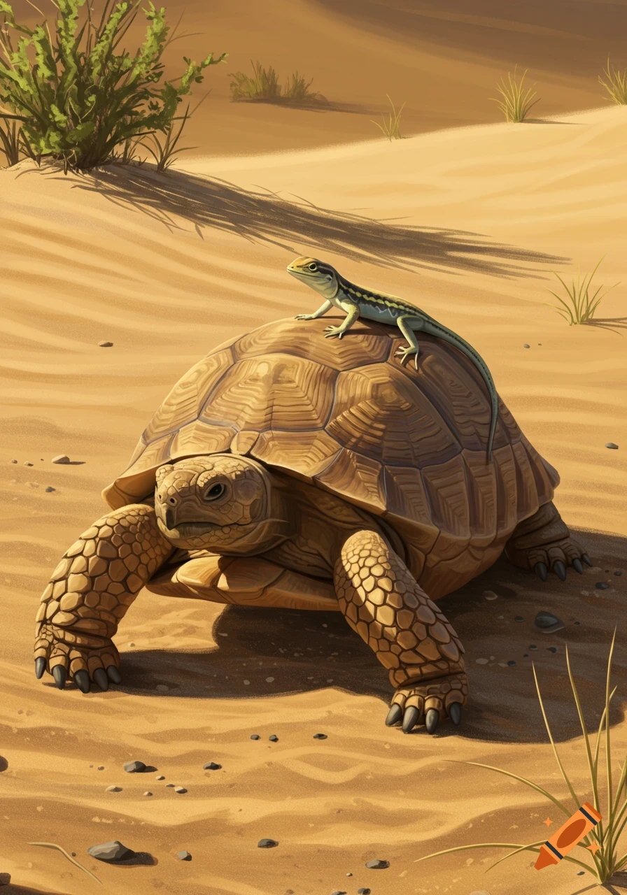 A desert tortoise carries a lizard on its back in a sandy landscape.