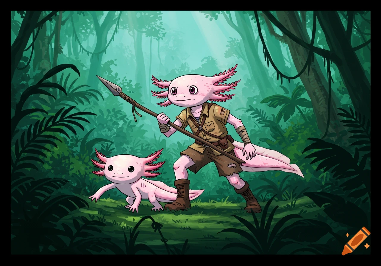 Humanoid axolotl hunter with a spear and a smaller axolotl in a jungle, comic book style.