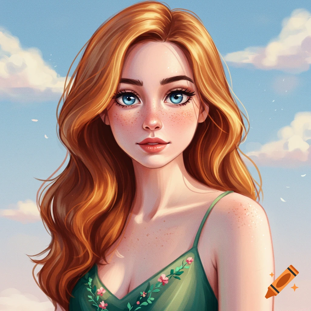 A woman with red hair, blue eyes, and freckles, wearing a green dress, against a sky background.