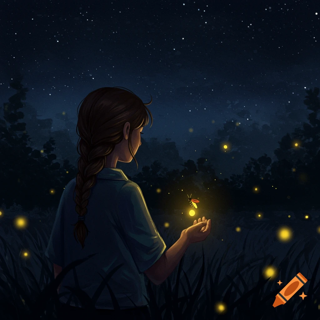 A girl holds a firefly in her hand at night under a starry sky.