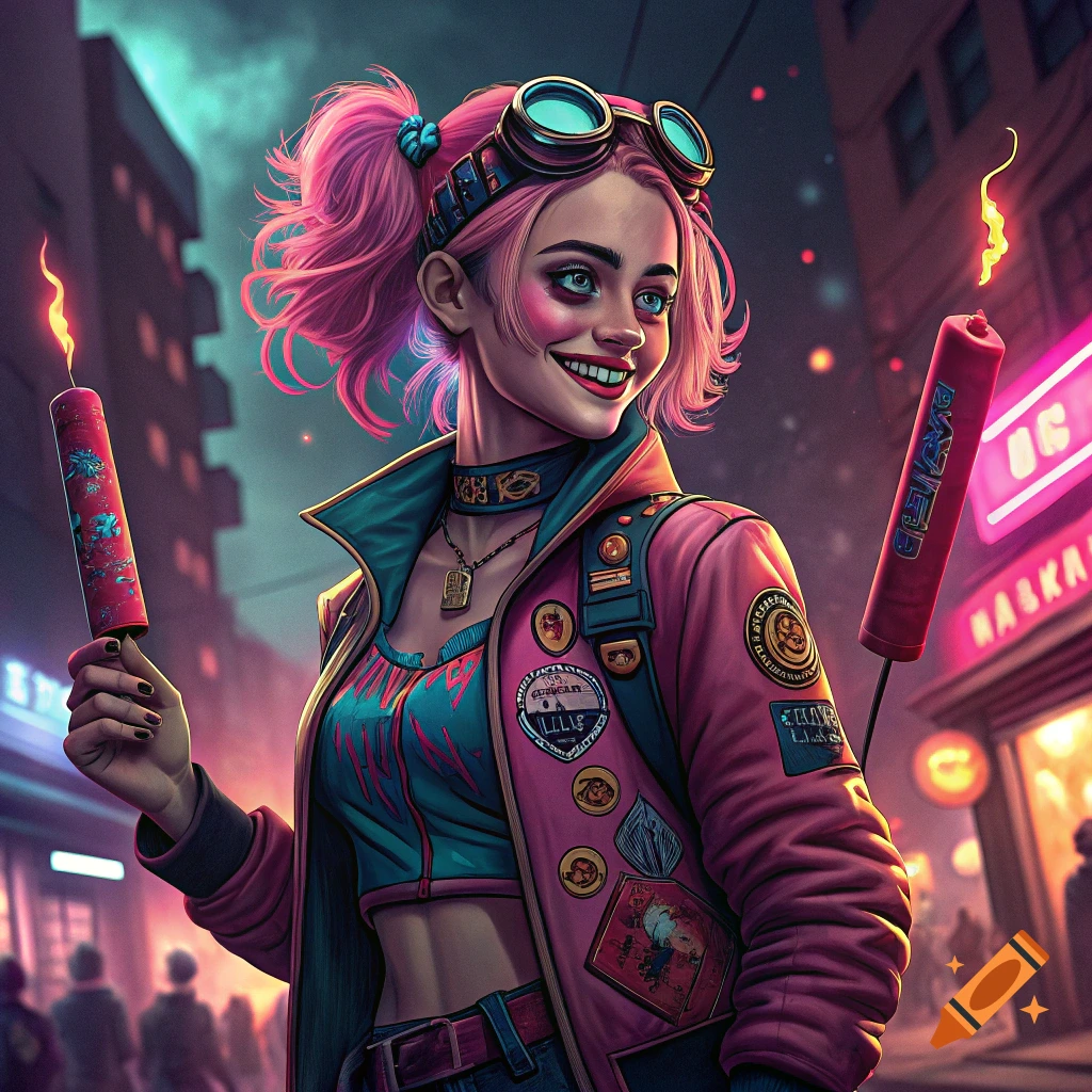 Cyberpunk woman with pink hair and goggles holds lit sparklers on a busy night street.
