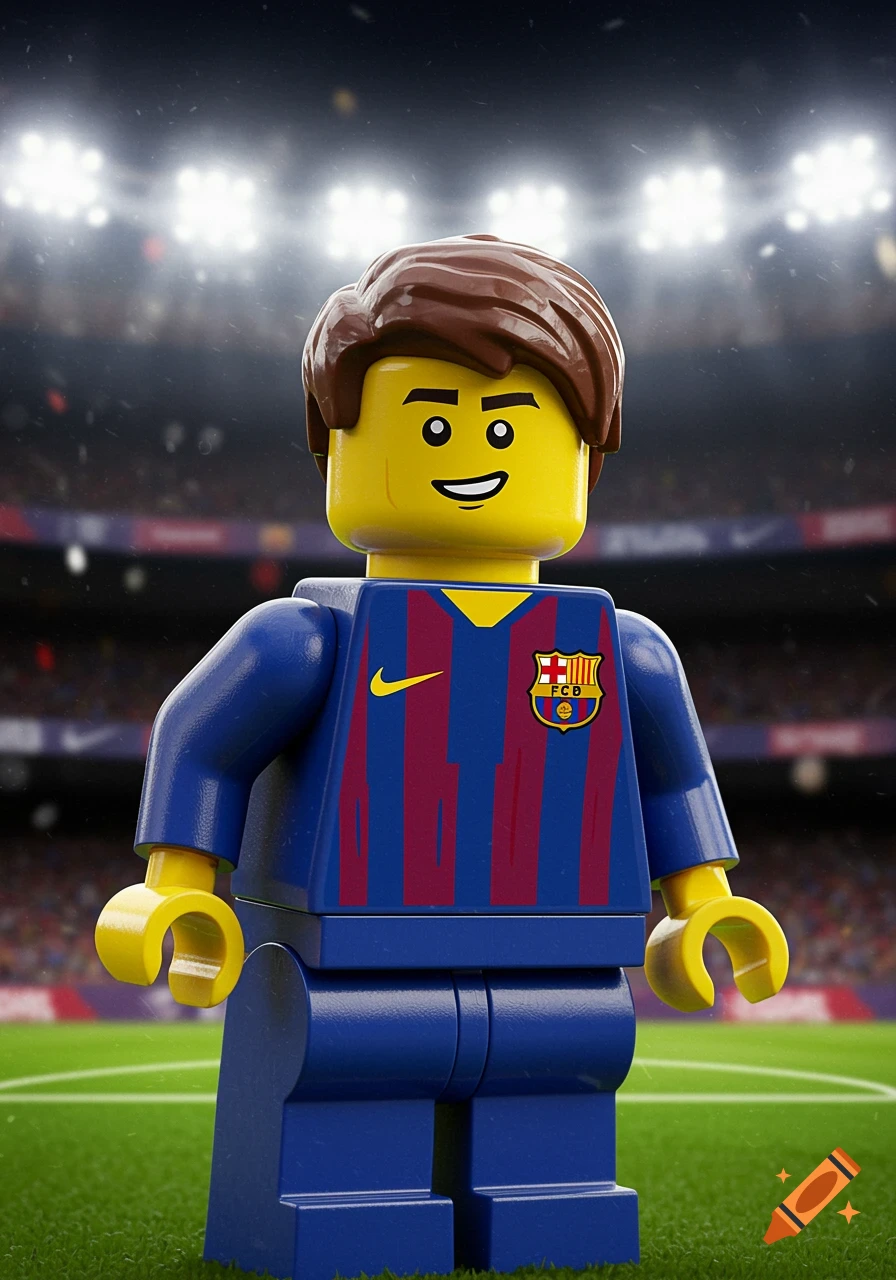 Lego minifigure in a Barcelona FC kit on a soccer field.