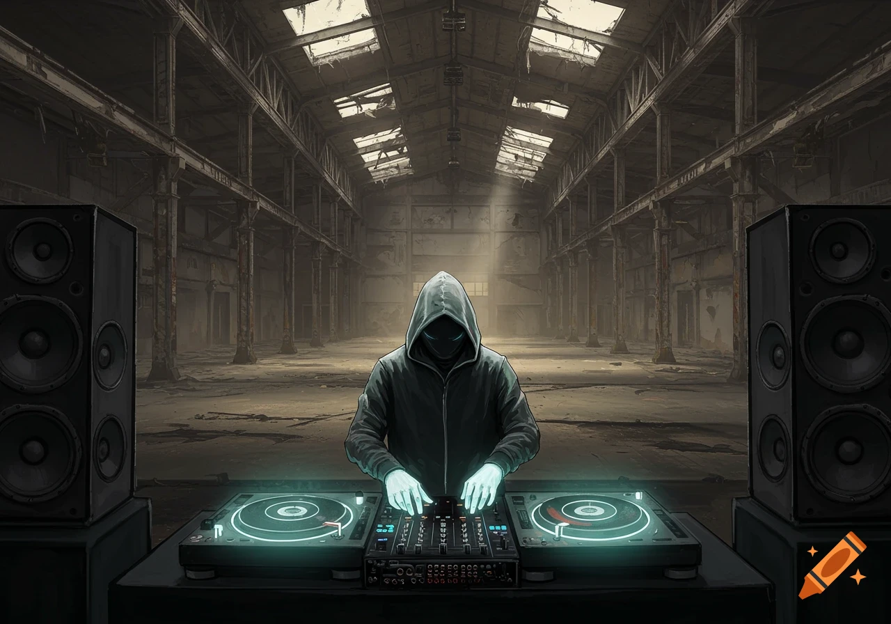 Hooded DJ with glowing turntables in a dark abandoned warehouse, cyberpunk style.