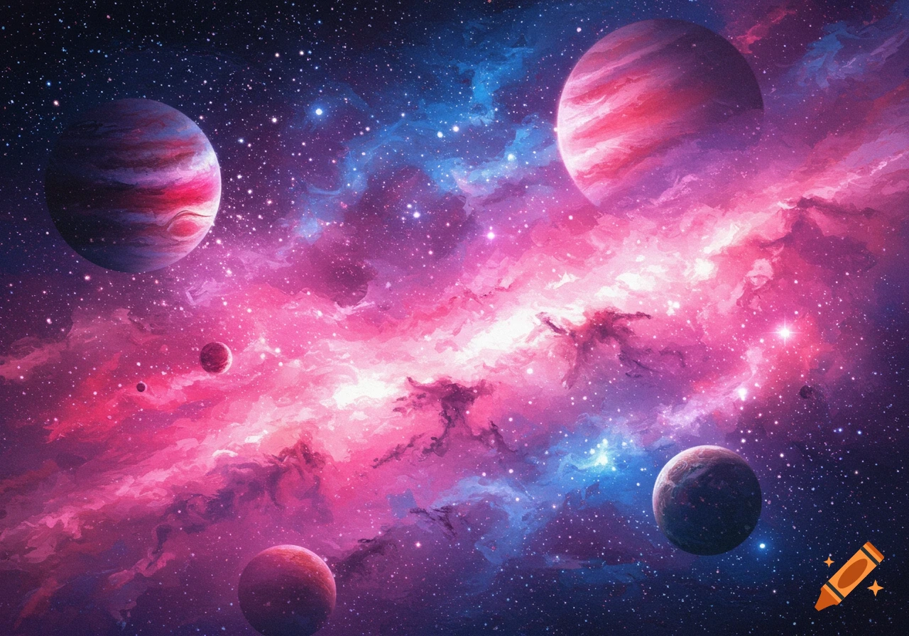 Planets and a vibrant pink and blue nebula in space.