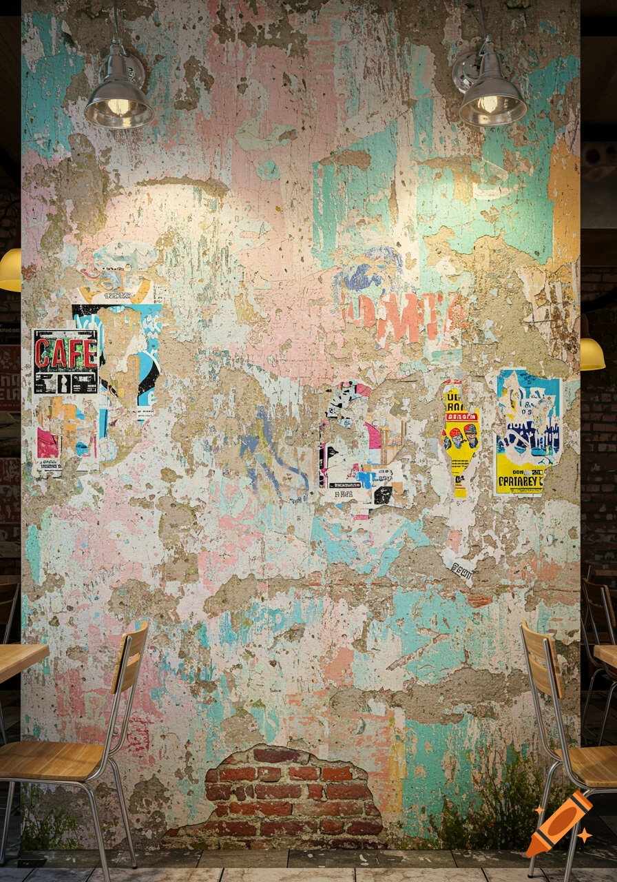 A distressed cafe wall with peeling paint and posters, lit by lamps.