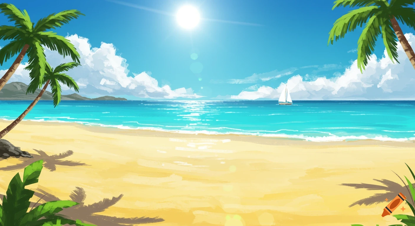 Sunny beach scene with palm trees, sailboat, and clouds.