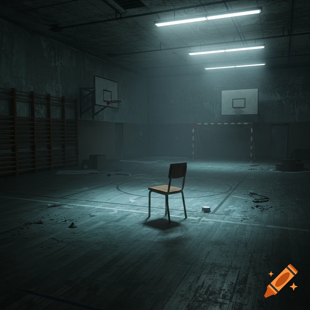 A dark, abandoned gym with a single chair in the center.
