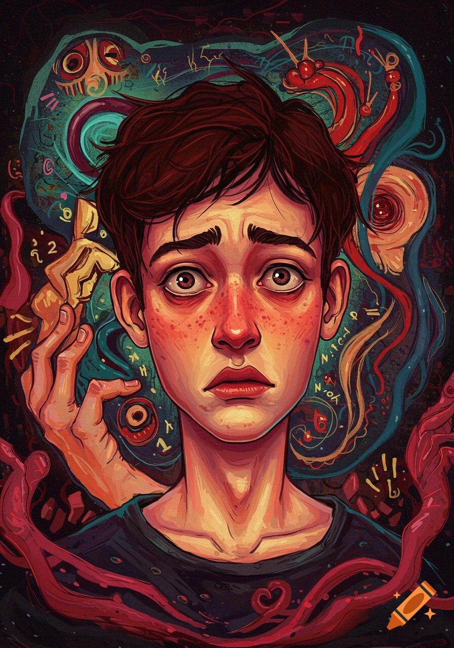 A scared young person surrounded by surreal, abstract shapes and eyes.