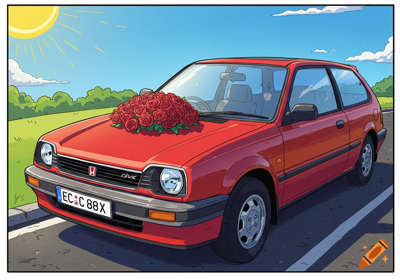 A red Honda Civic car with a large bouquet of roses on the hood, parked outside in a cartoon style.