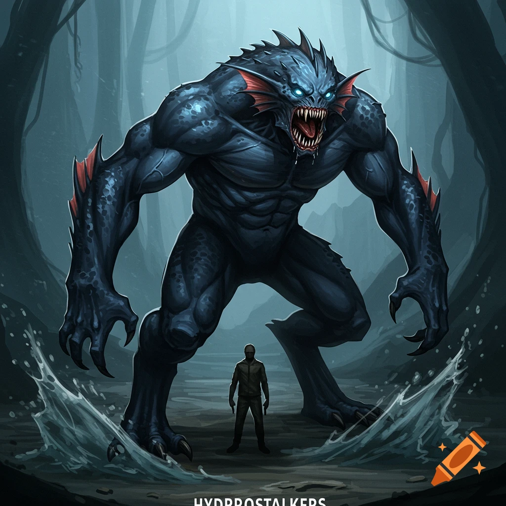 A large dark blue monster with glowing eyes stands over a person in a swampy forest.