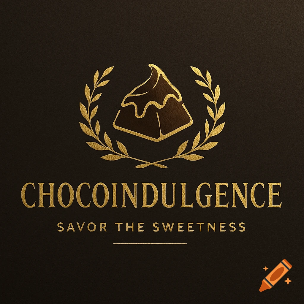 Gold logo for chocoindulgence brand on dark background, featuring text and a chocolate illustration within a laurel wreath.
