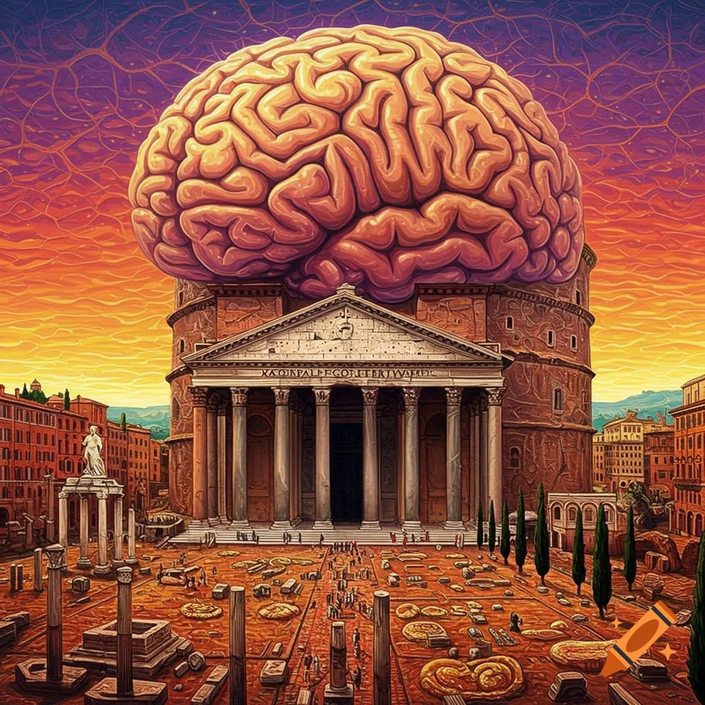 A giant brain sits atop the Pantheon building in Rome, with ruins in a city square under a dramatic sunset sky.