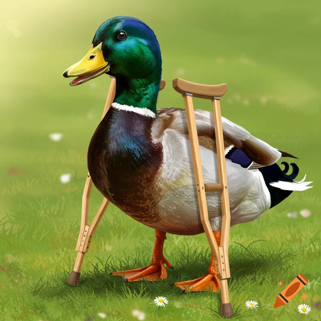 A mallard duck standing in a grassy field, holding wooden crutches.