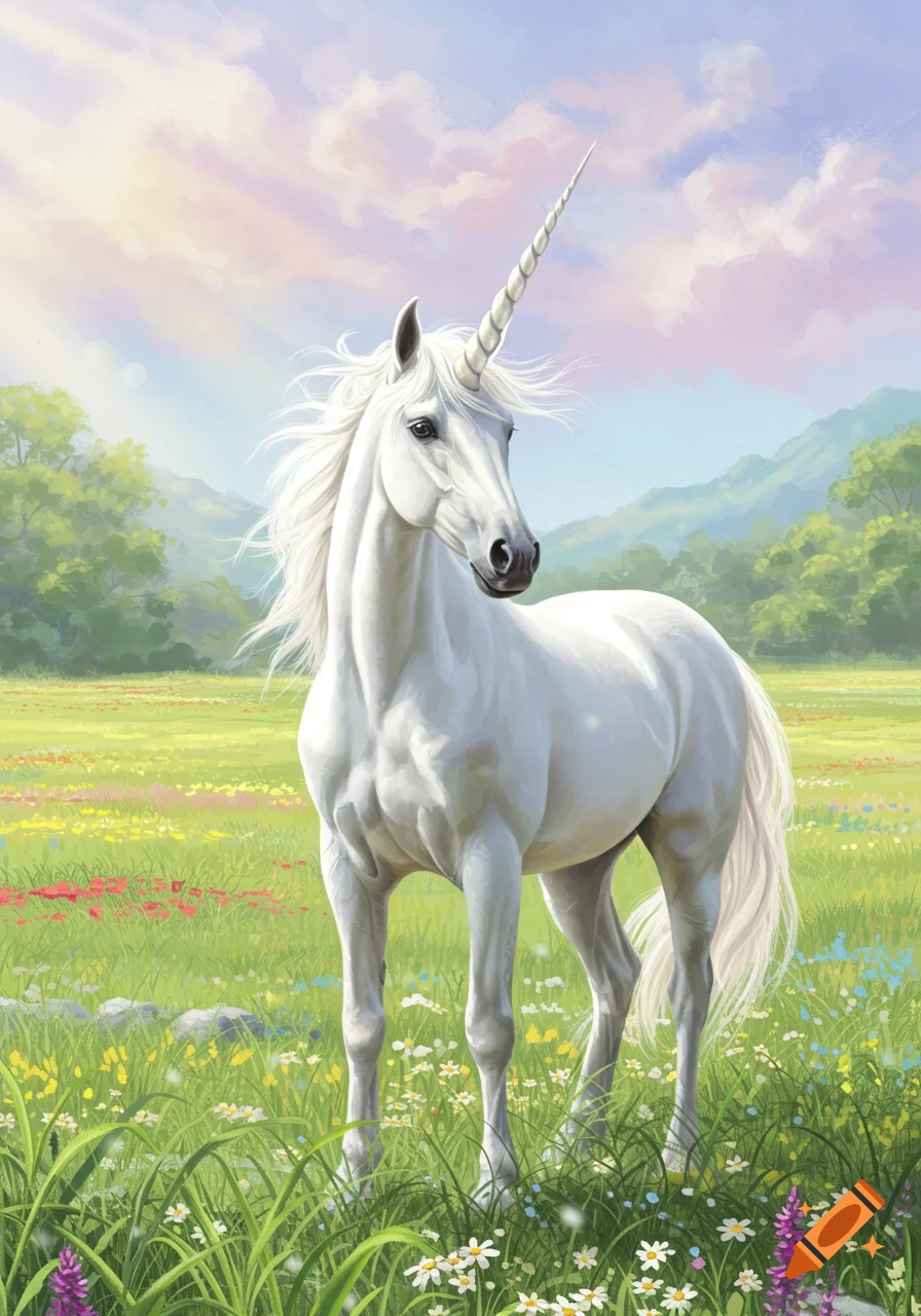 A white unicorn standing in a field of flowers with mountains in the background.