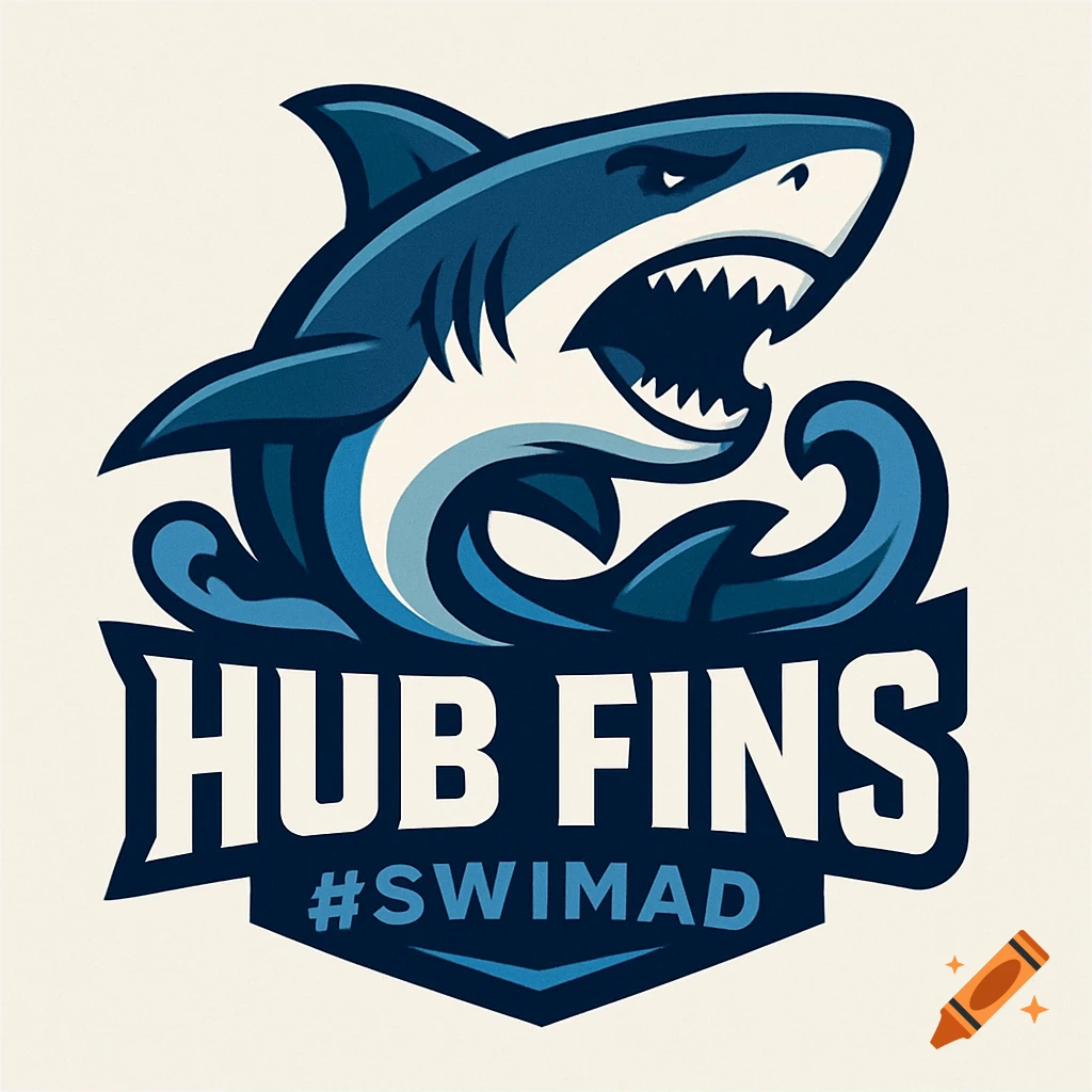Swim team logo with a blue shark above the text 'HUB FINS' and '#SWIMAD' on a shield shape.