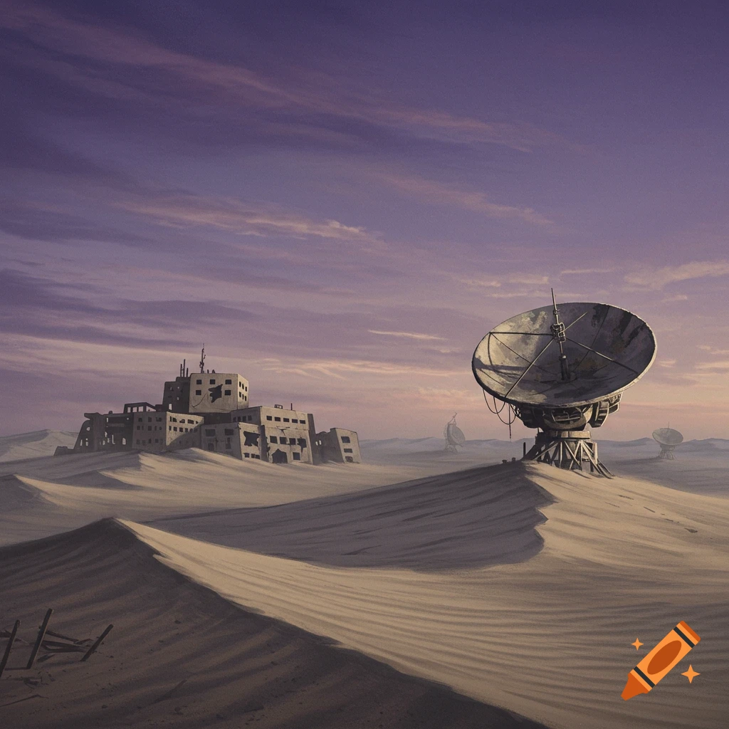 A desolate desert landscape with sand dunes, ruined buildings, and large satellite dishes under a purple sky.