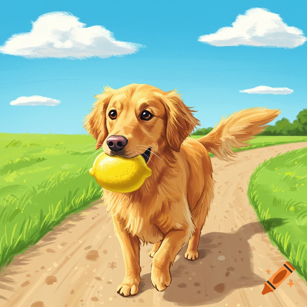 A golden retriever walks on a dirt path, holding a lemon in its mouth.