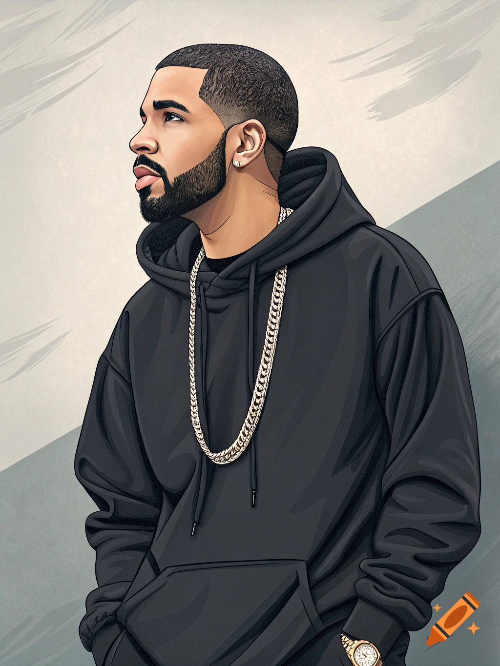 Stylized illustration of a man in a black hoodie and gold chains looking left.