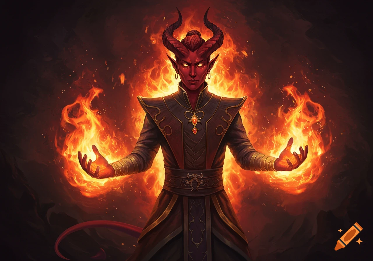 A red-skinned tiefling casting fire magic