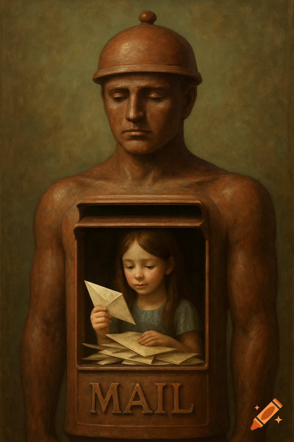 Surreal image of a man-shaped mailbox with a girl inside reading letters.