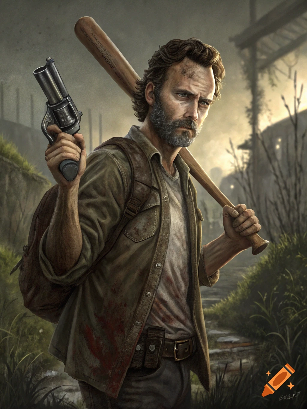 Realistic illustration of a man resembling Rick Grimes holding a revolver and baseball bat in a ruined setting.