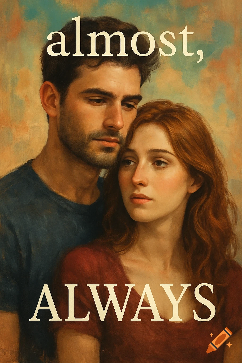 Painting of a man and woman, with the text 'almost, ALWAYS'