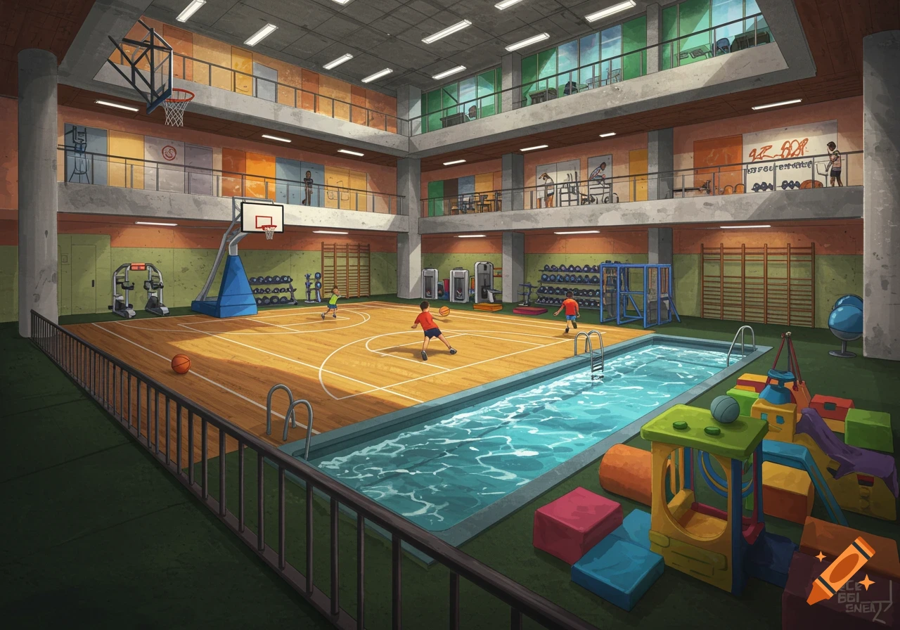 An illustration of a large indoor gym with a basketball court, swimming pool, weight area, and kids play structure.