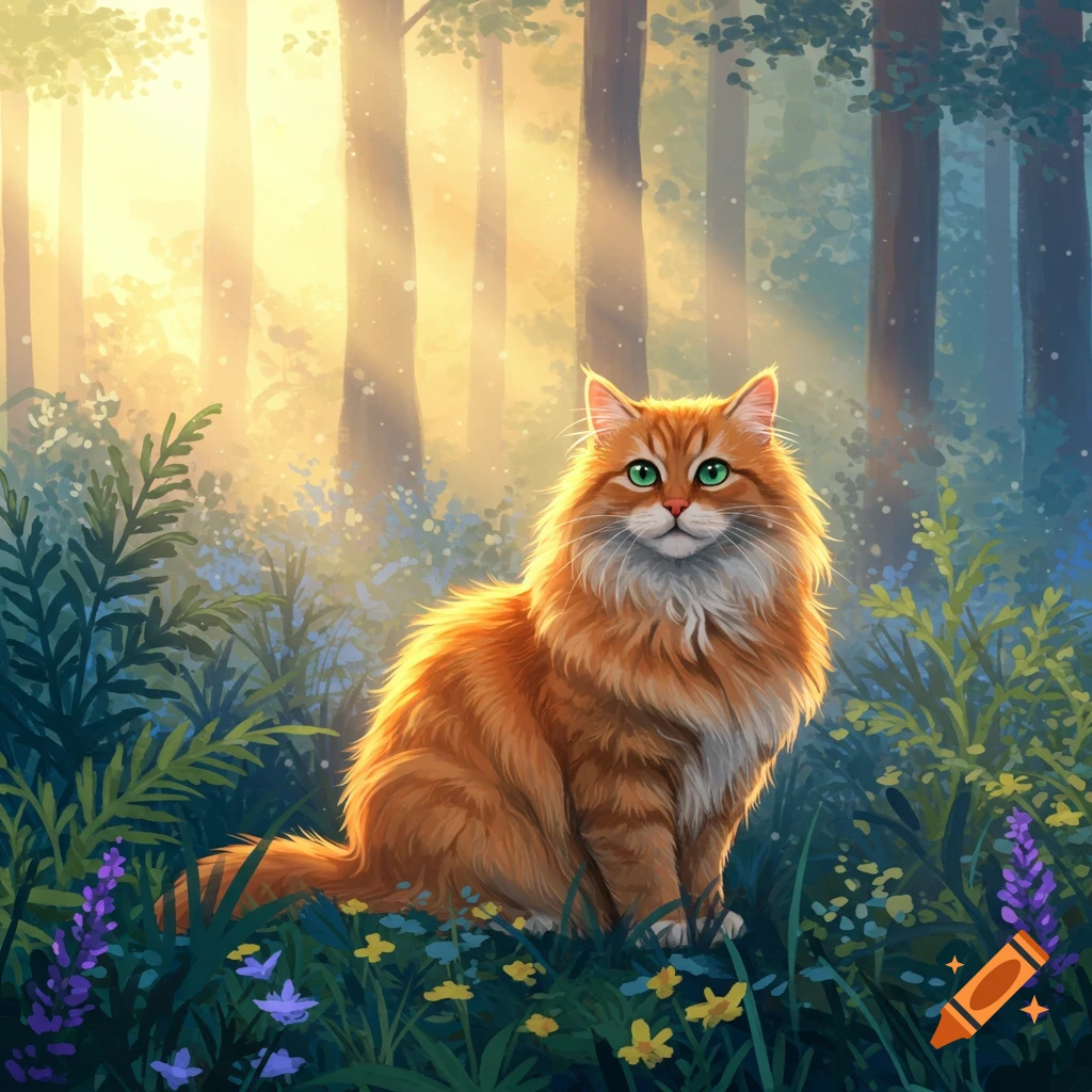 A fluffy orange cat sits in a sunlit forest meadow among flowers.