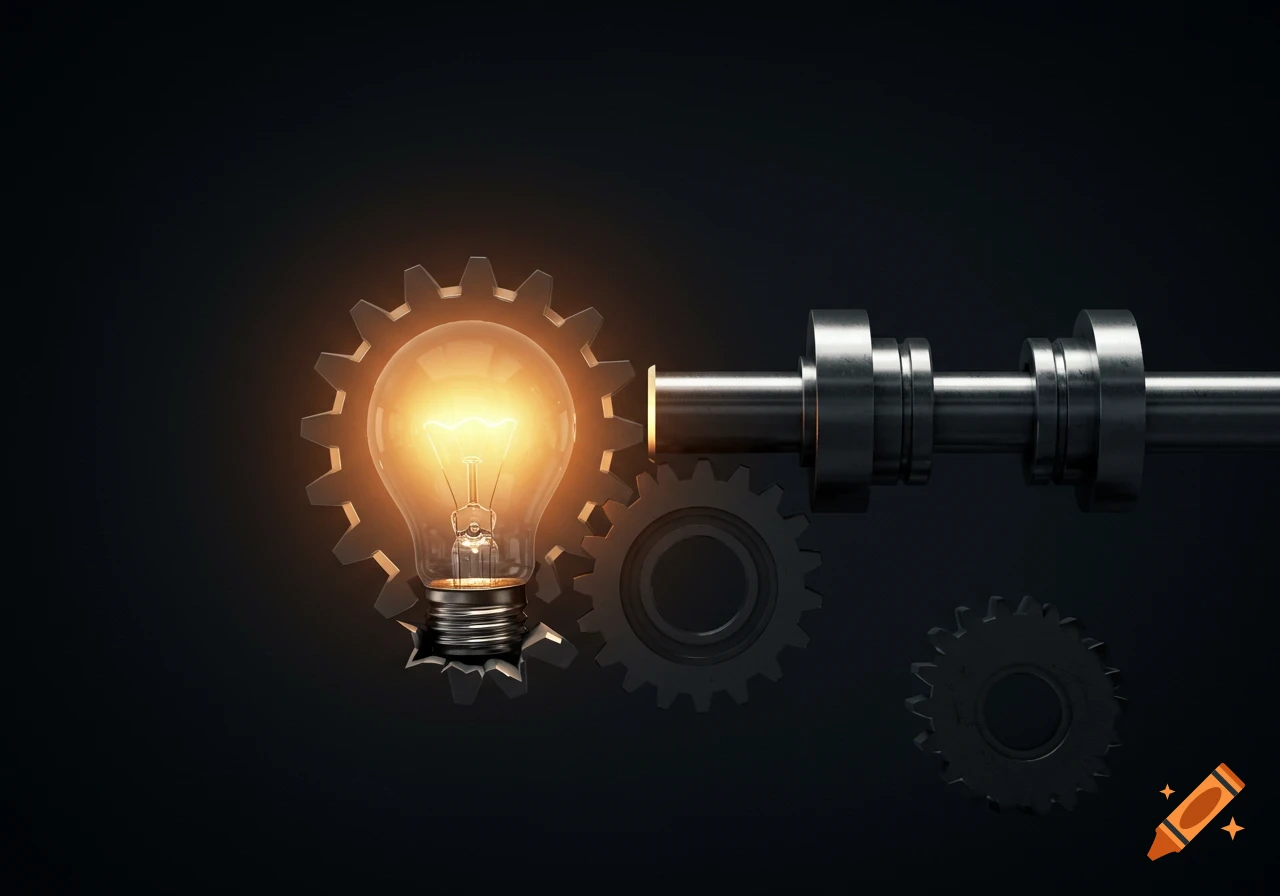 A glowing lightbulb is jammed between gears and a metal shaft on a dark background.