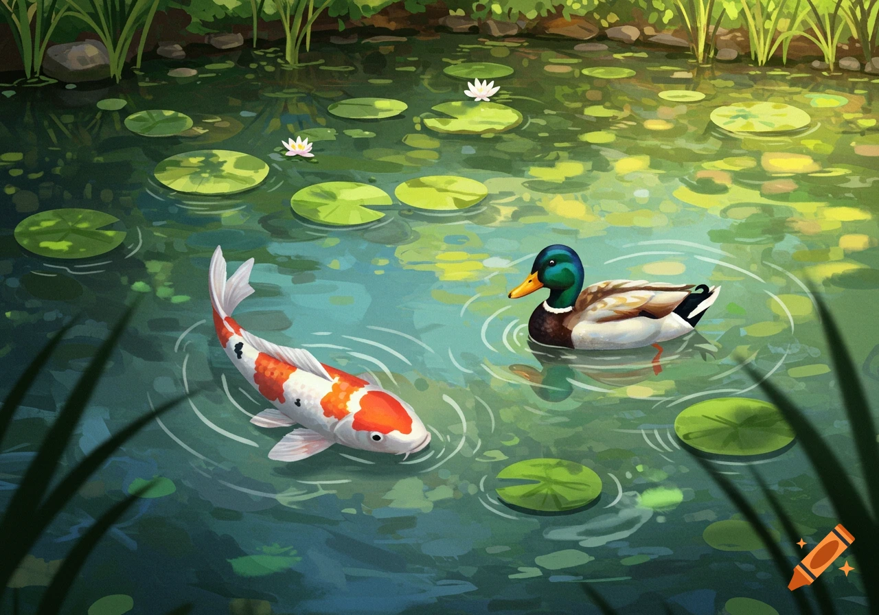 A koi fish and a duck in a pond with lily pads.