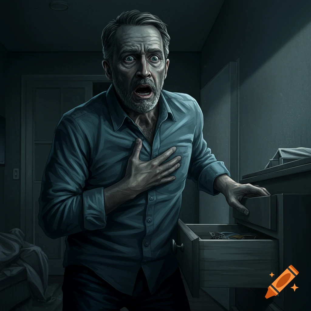A scared man finds something in a drawer in a dark room, hand on his chest.