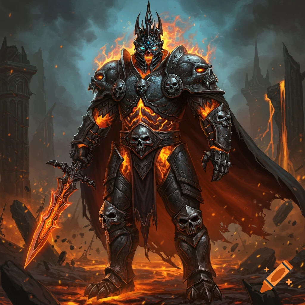 Fantasy illustration of a skeletal figure in fire-infused skull armor holding a burning sword in a ruined landscape.