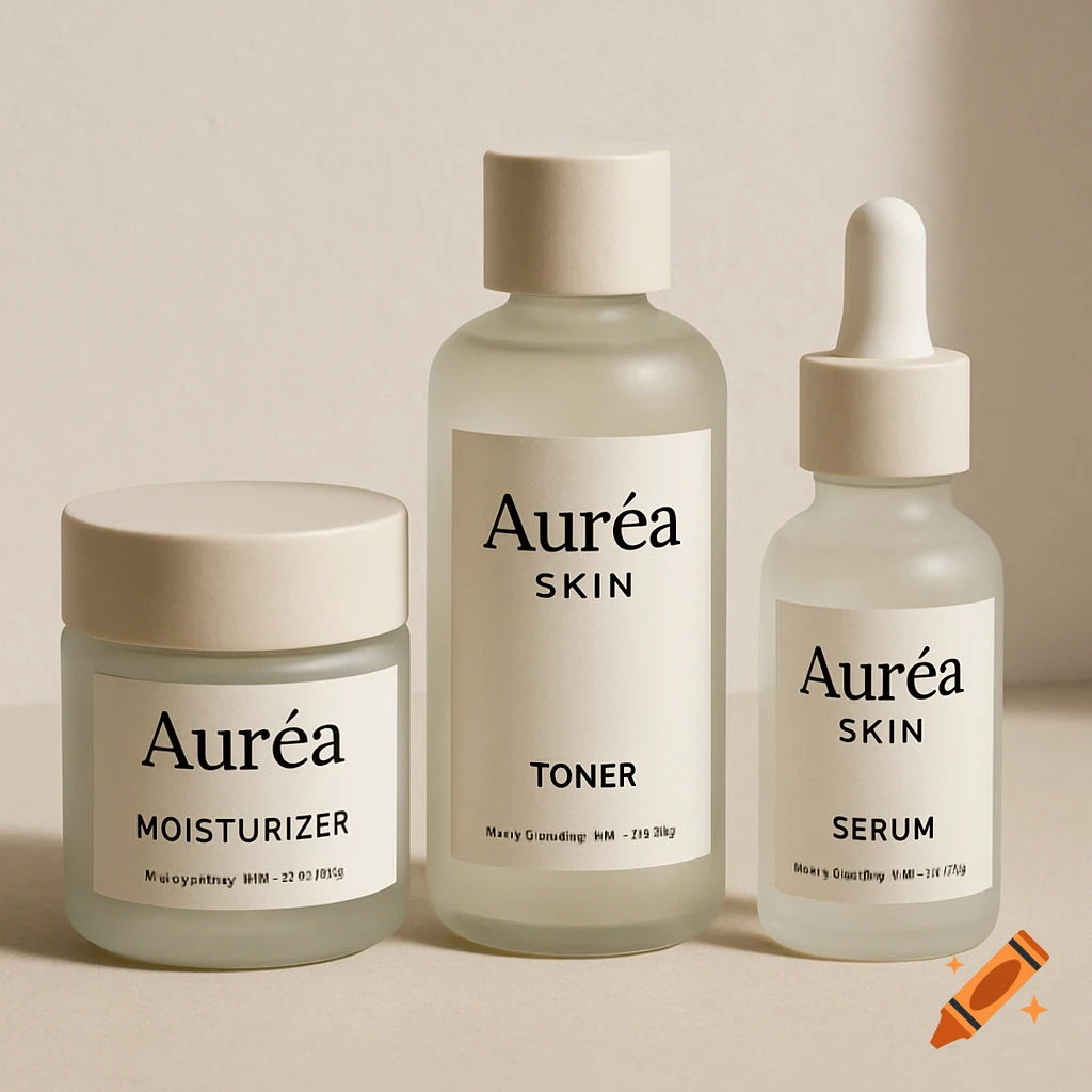 Three frosted glass bottles and jars of skincare products, labeled Auréa Skin Moisturizer, Toner, and Serum.
