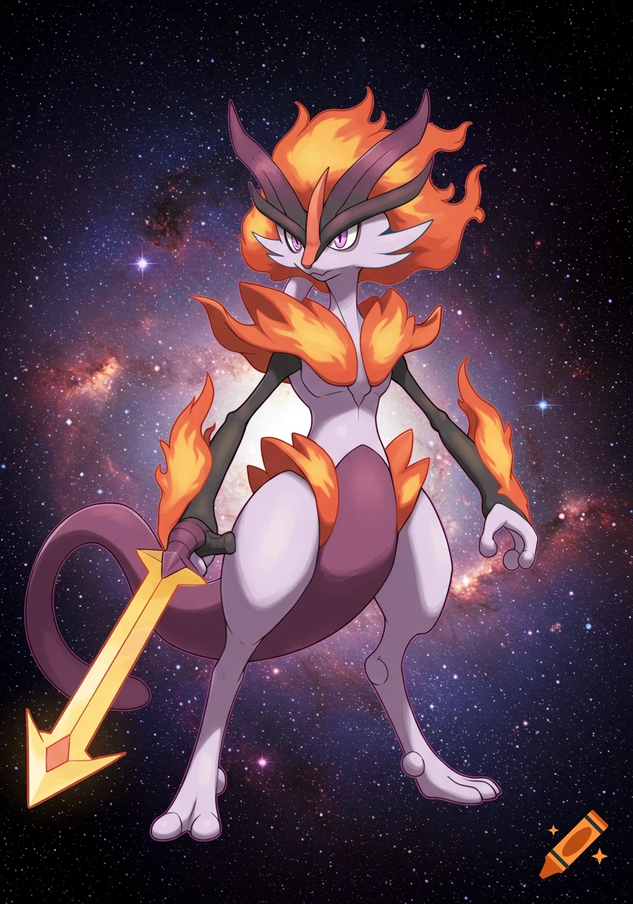 A stylized creature hybrid of Mewtwo and Ceruledge holding a sword against a starry galaxy background.