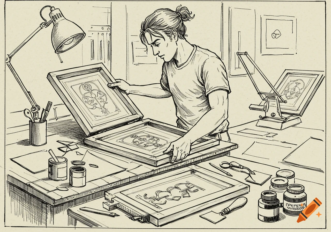 Line drawing of a person working on silkscreen printing frames in a studio.
