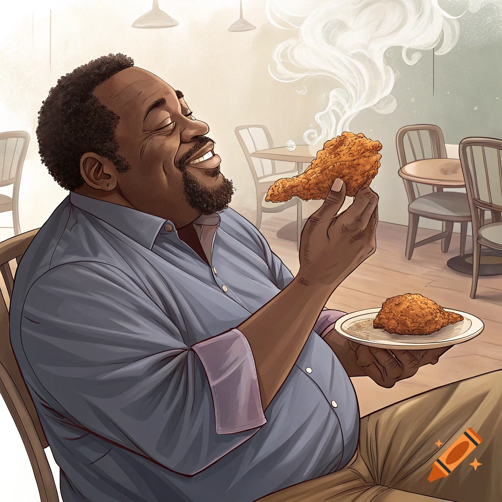 Illustration of a Black man smiling happily at a piece of fried chicken in a restaurant.