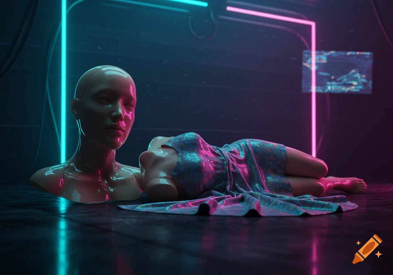 Cyberpunk scene with mannequin bust and figure in a shiny dress, lit by neon lights.