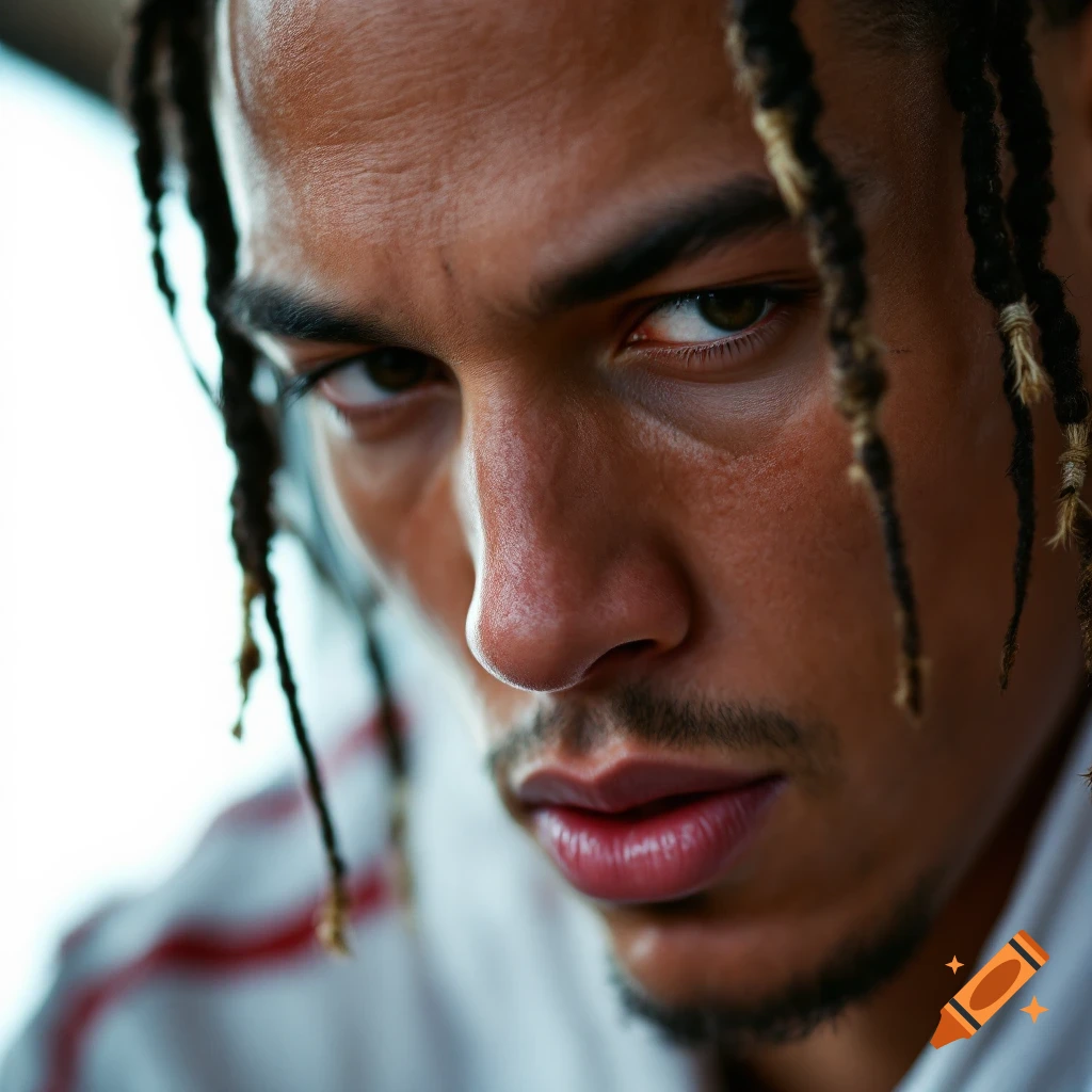 Close-up low-angle portrait of a man with dreadlocks and goatee.
