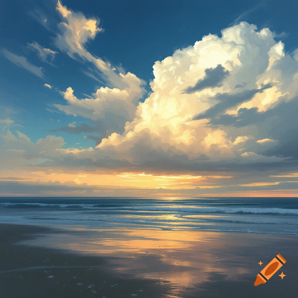 A beach and ocean at sunset with large, dramatic clouds reflecting in the wet sand.